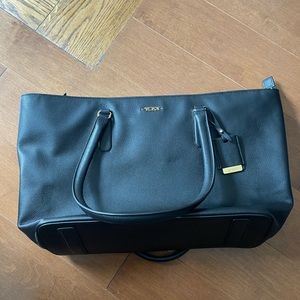 Tumi Black Leather Work Laptop Travel Tote Bag with Multiple Compartments